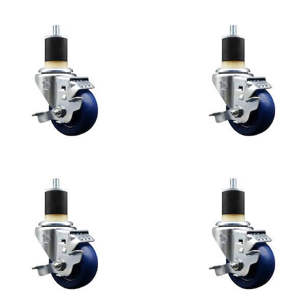 3'' Solid Poly Swivel 1-7/8'' Expanding Stem Caster Set with Brake, 4PK